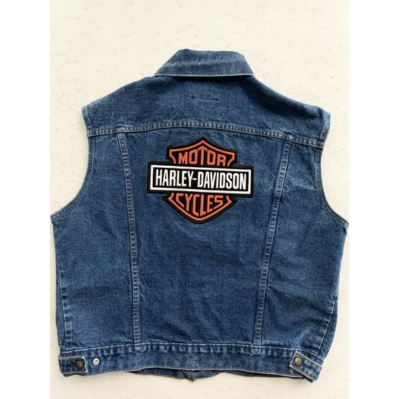 VTG Harley Davidson‎ Vest Mens L Blue Denim Jean Saddle King Western Embroidered